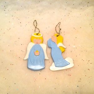 Vintage Ceramic Christmas Ornaments 2 Angels Hand Painted Sweet Blue Eyes Blonde